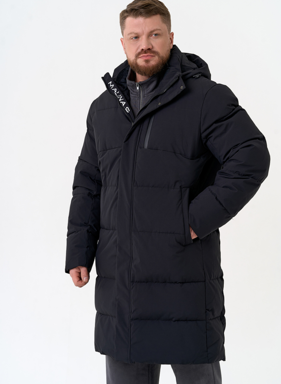 Удлиненный мужской пуховик с капюшоном