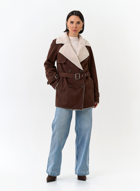 Женская дубленка из эко замши с английским воротником