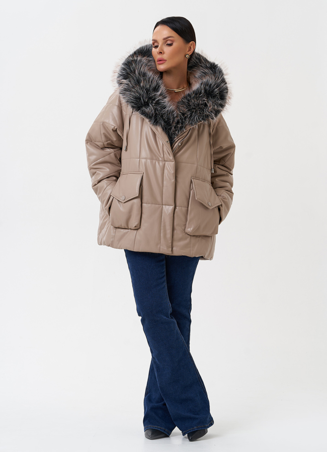 Пуховик из эко кожи с капюшоном из эко меха  модель № 27706 в кредит