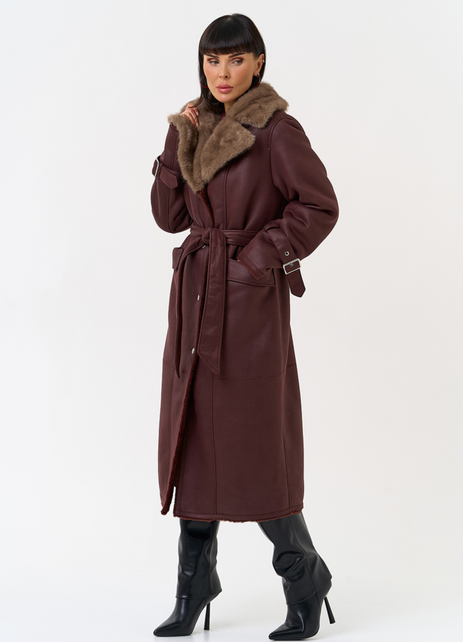 фото Женская дубленка из эко замши с английским воротником модель № 31511