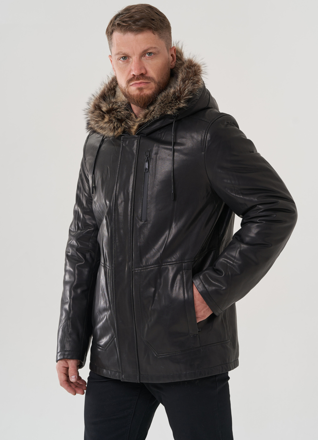 Мужская куртка с капюшоном на мехе из волка модель № 25614 в кредит