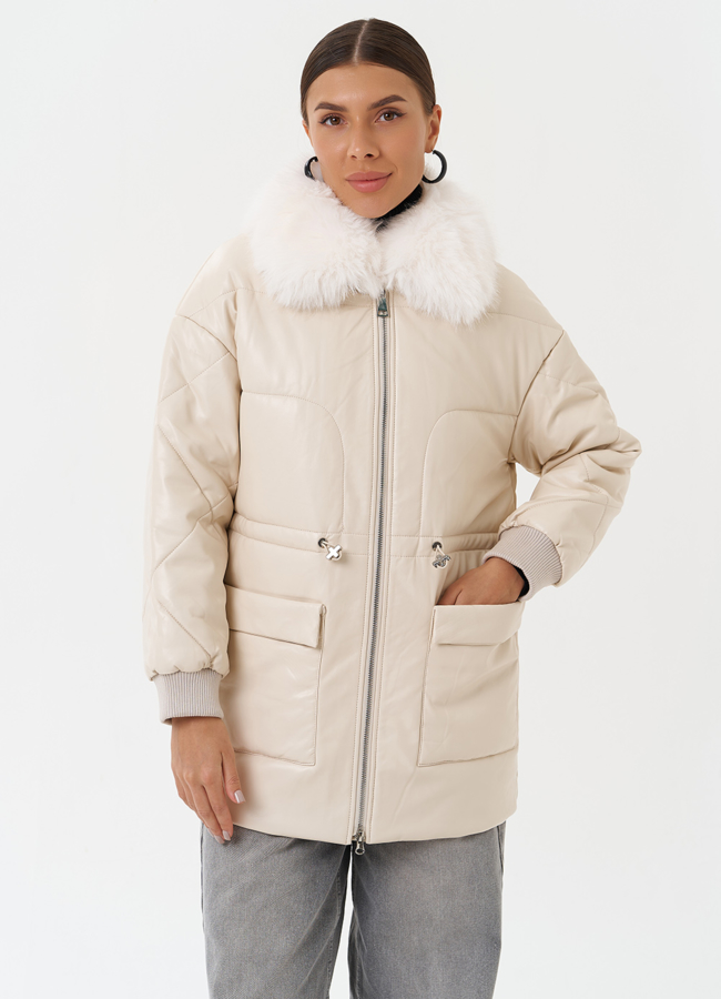 Пуховик из эко кожи с мехом песца модель № 25497 меха малина