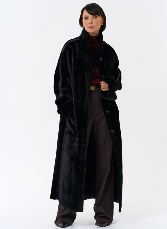 Женская двухсторонняя дубленка с воротником стойкой