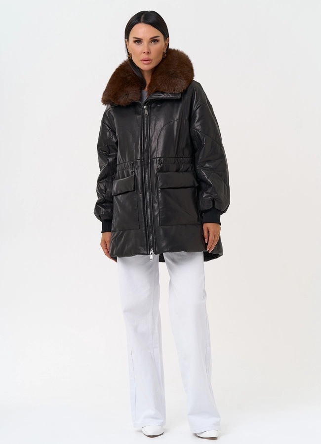 Полупальто из натуральной кожи с мехом песца модель № 21796 универмаг малина