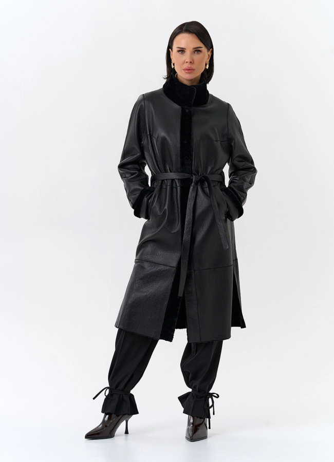 Женская двухсторонняя дубленка с поясом модель № 32198 в кредит фото