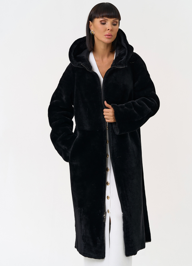 Натуральная двухсторонняя дубленка с капюшоном модель № 28957 универмаг малина