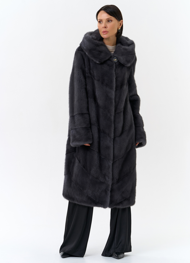 Длинная норковая шуба в сером цвете модель № 25039 меха малина