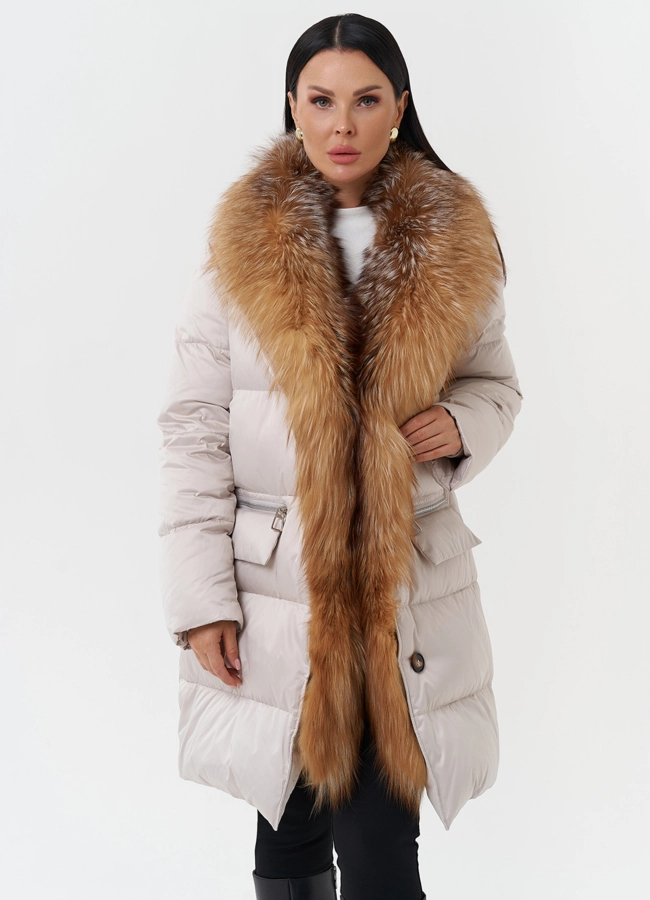 Женский пуховик с отделкой из меха лисы модель № 28569 универмаг малина