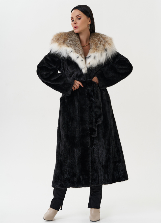 Норковая шуба с капюшоном из меха рыси модель № 31342 меха малина