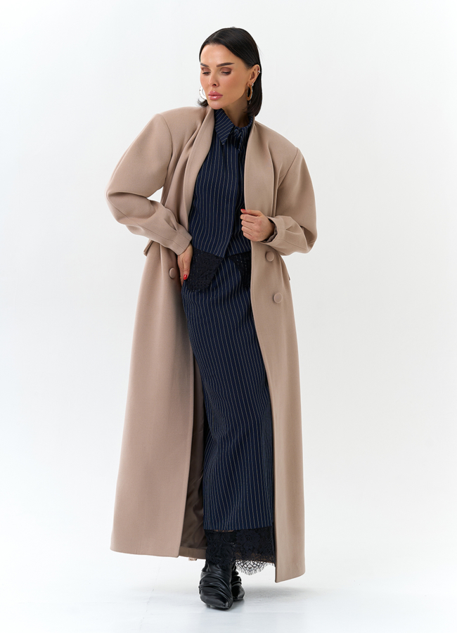 Женское длинное пальто с акцентными рукавами модель № 32784 универмаг малина