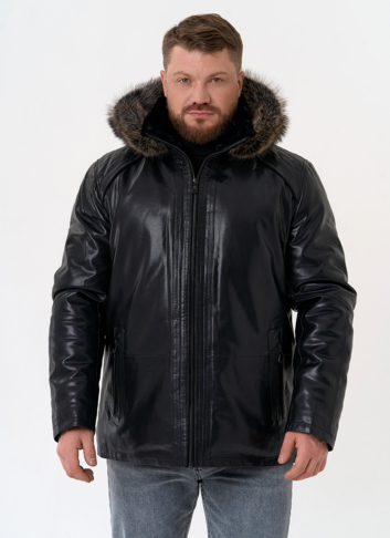 Пуховик из эко кожи с капюшоном из меха енота Пуховик из эко кожи с капюшоном из меха енота