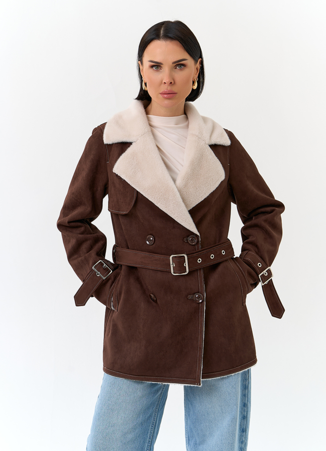 Женская дубленка из эко замши с английским воротником модель № 32786 универмаг малина