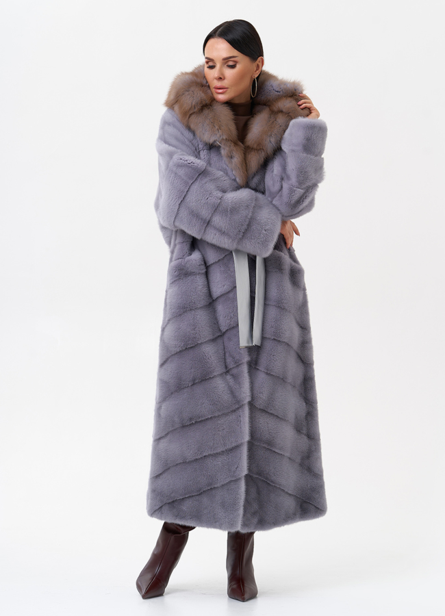 Норковая шуба с капюшоном из меха куницы модель № 27567 в рассрочку