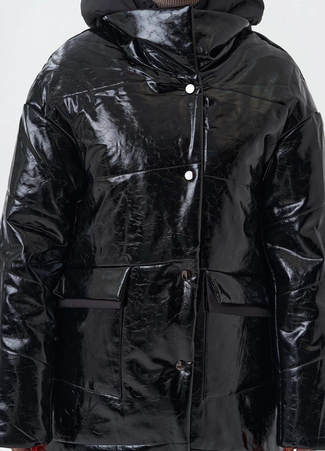 Женский пуховик из эко кожи с капюшоном модель № 28686 универмаг малина