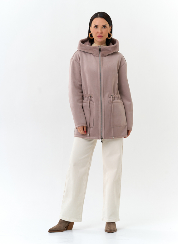 Двухсторонняя дубленка из эко замши с капюшоном