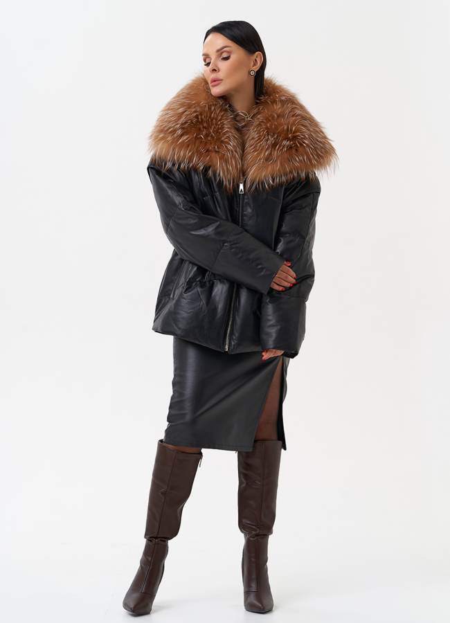 Женский кожаный пуховик с отделкой из натурального меха модель № 28911 в кредит