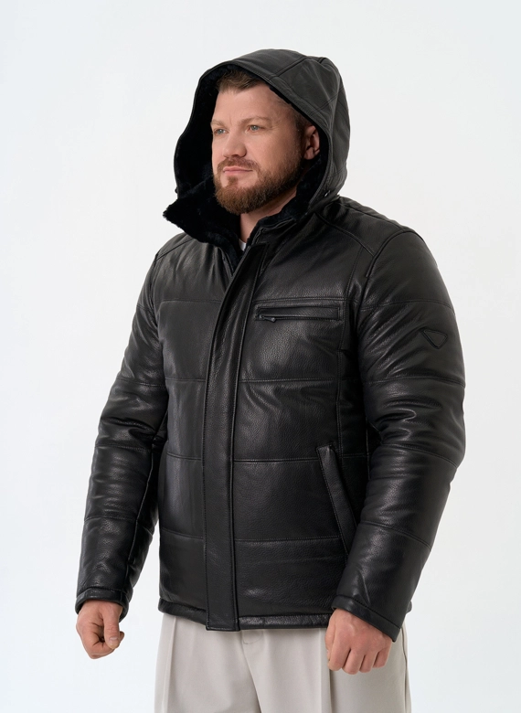 Мужской пуховик из натуральной кожи с капюшоном фото