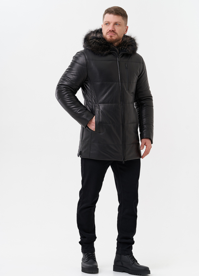 Пуховик из натуральной кожи с отделкой из меха енота модель № 25458 универмаг малина