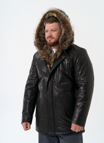 Мужская натуральная дубленка на волке с отделкой из меха енота