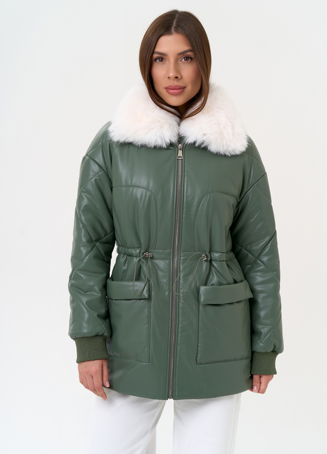 Женский пуховик из эко кожи с воротником из эко меха модель № 30723 меха малина