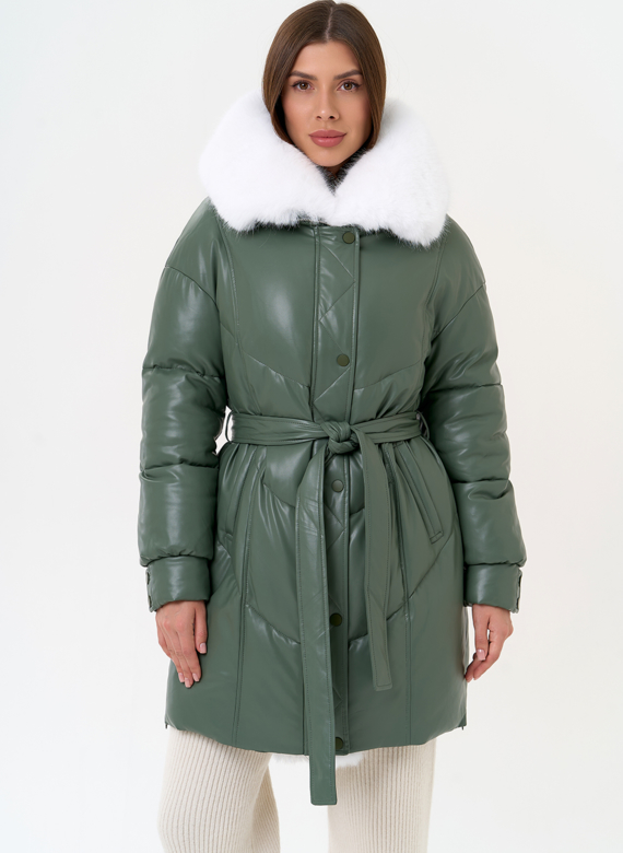 Женский пуховик из эко кожи с отделкой из эко меха