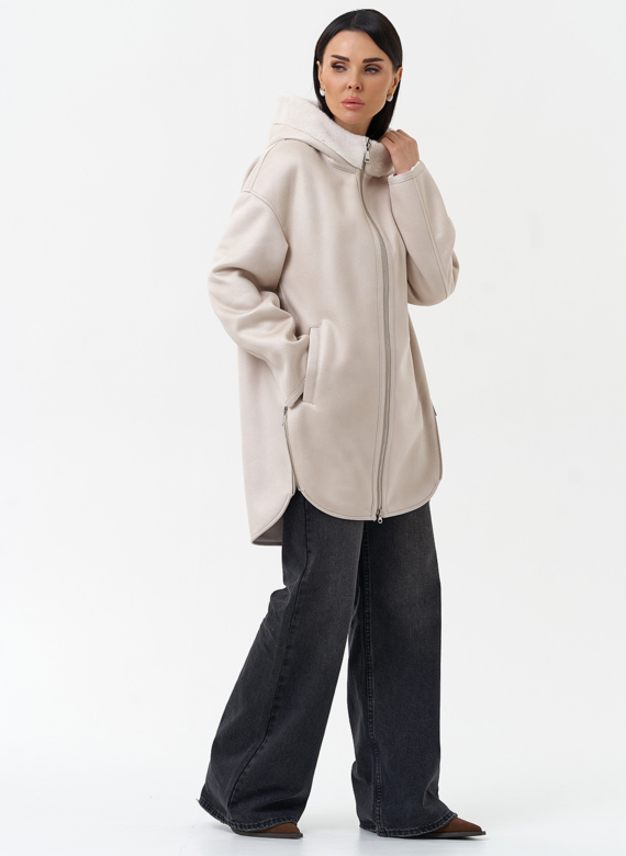 Женская дубленка из эко замши с капюшоном