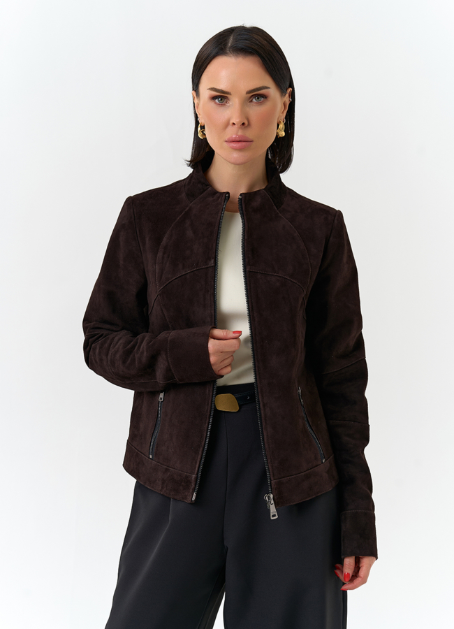 Женская куртка из натуральной замши модель № 32523 меха малина