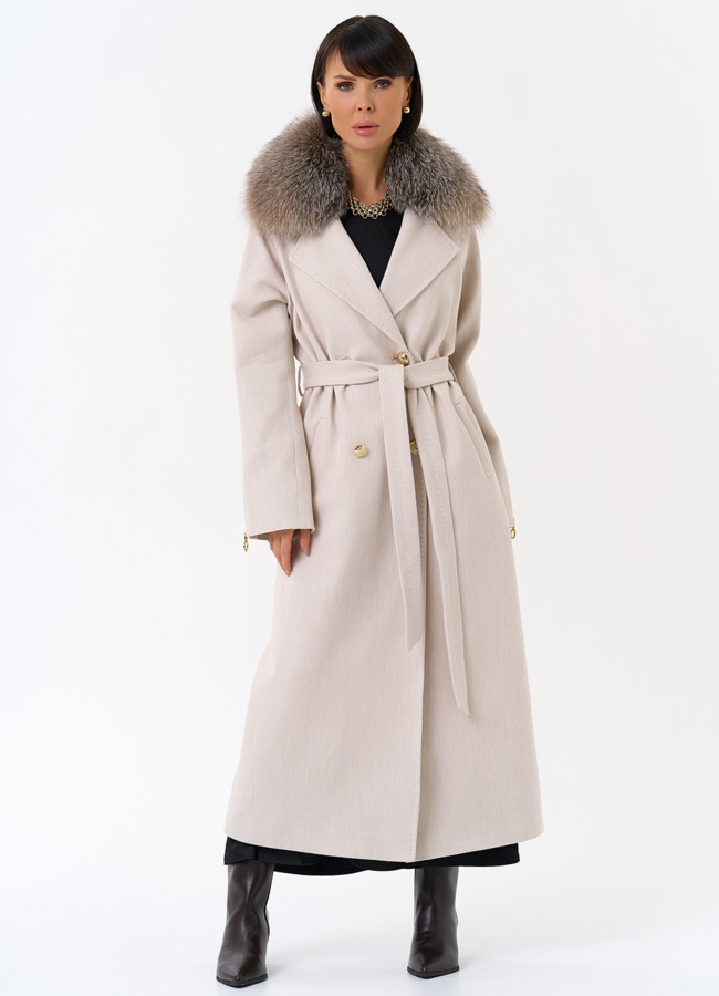 Утепленное женское пальто с английским воротником из меха лисы модель № 31933 меха малина