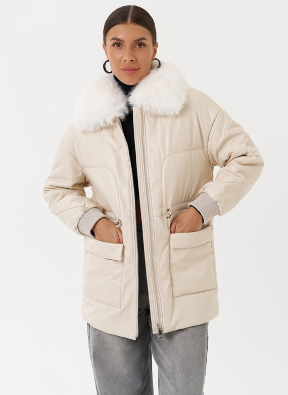 Пуховик из эко кожи с мехом песца