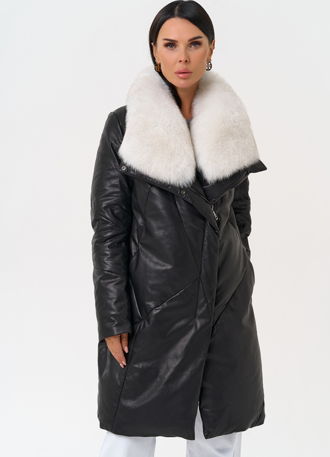 Пуховик из натуральной кожи с меховым воротником модель № 31370 меха малина