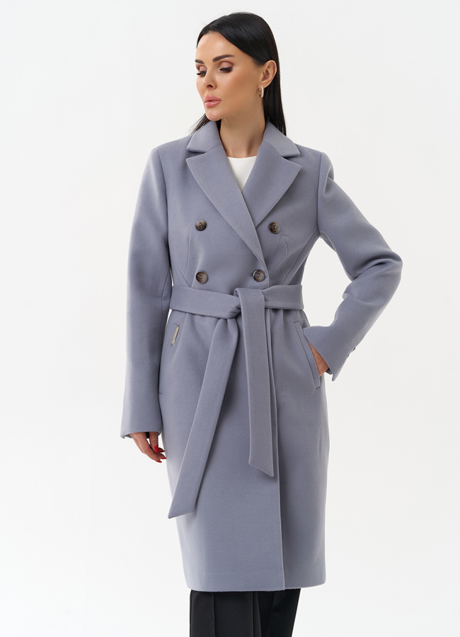 Женское двубортное пальто с поясом модель № 29894 меха малина