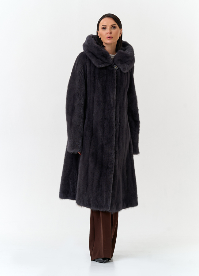 Шуба из меха норки с капюшоном модель № 32680 меха малина