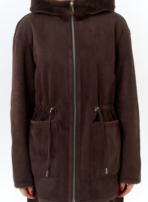 Двухсторонняя дубленка из эко замши с капюшоном