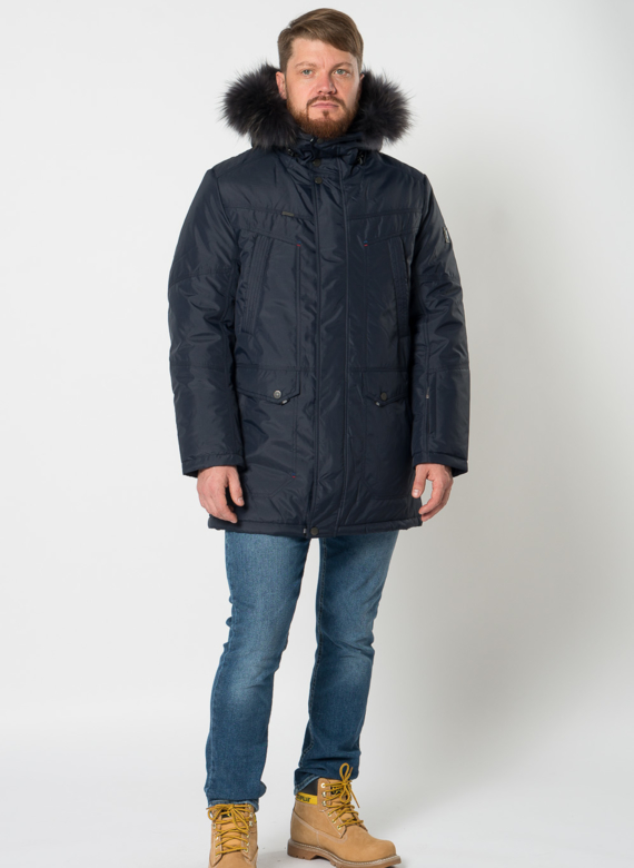 Полупальто мужское синего цвета с отделкой из енота