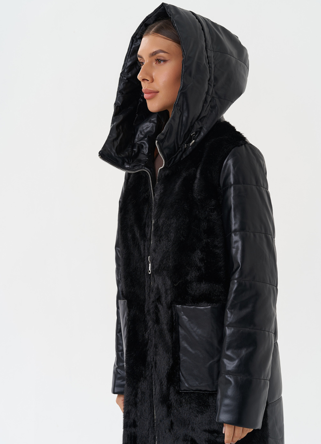 Пуховик из эко кожи с капюшоном модель № 23366 универмаг малина