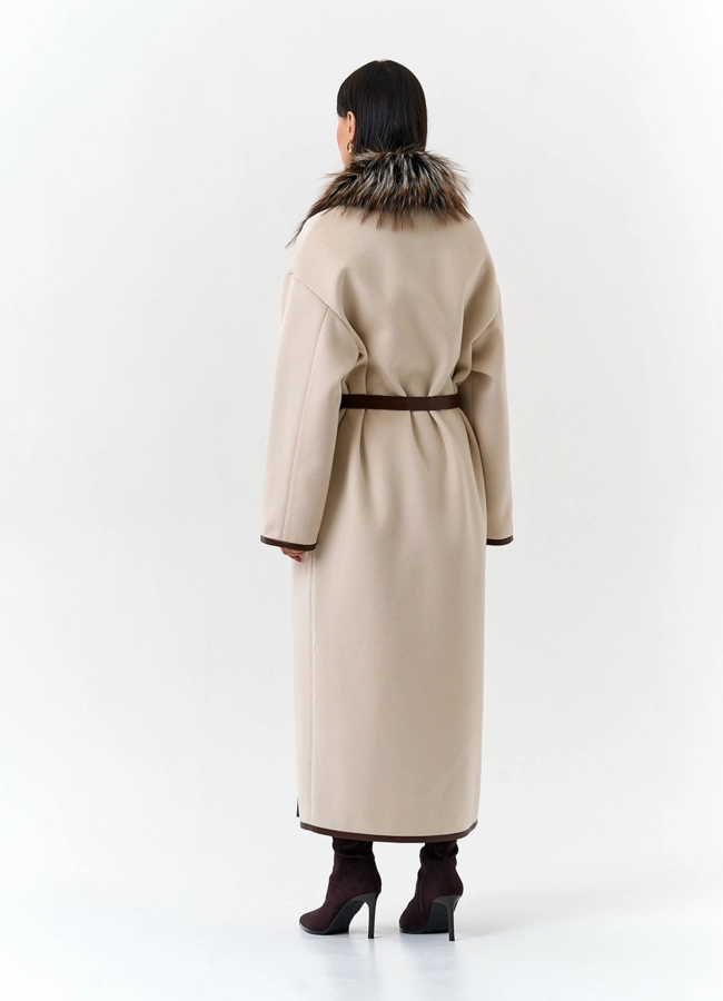 Женское длинное пальто с отделкой из меха лисы модель № 32650 в рассрочку