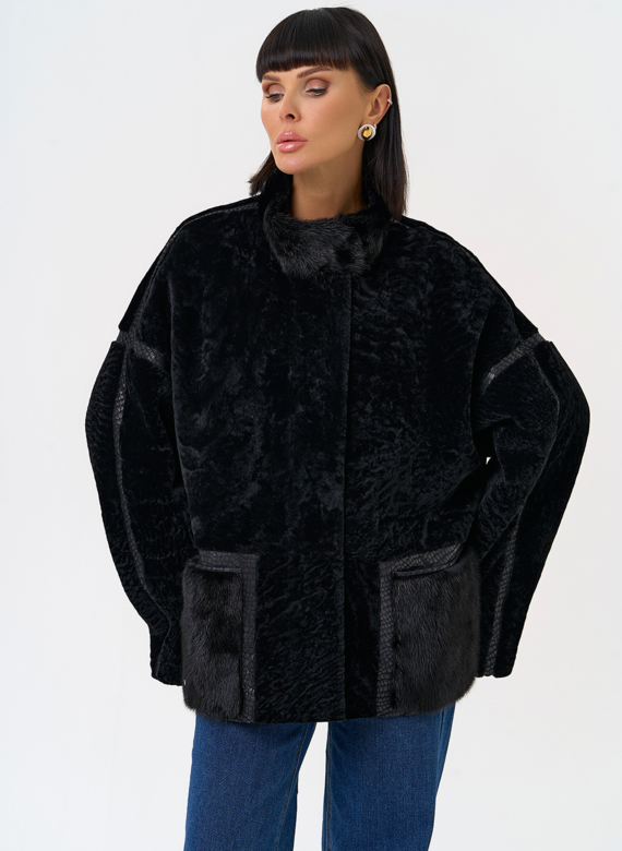 Женская двухсторонняя дубленка с воротником стойкой