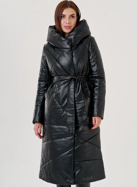 Черный длинный пуховик из эко кожи Malina Siberian